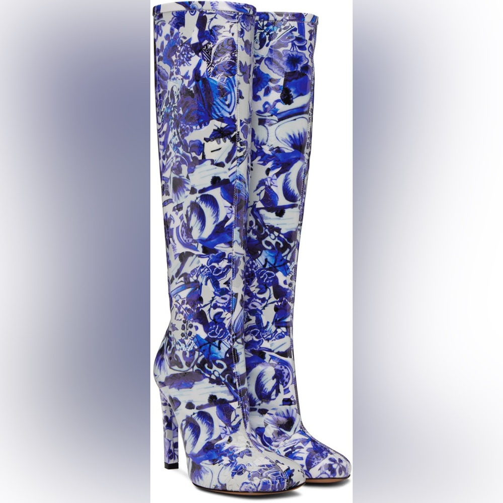 DRIES VAN NOTEN Unisex Blue White Fine China Unisex Patent Leather Boots - Picture 2 of 7